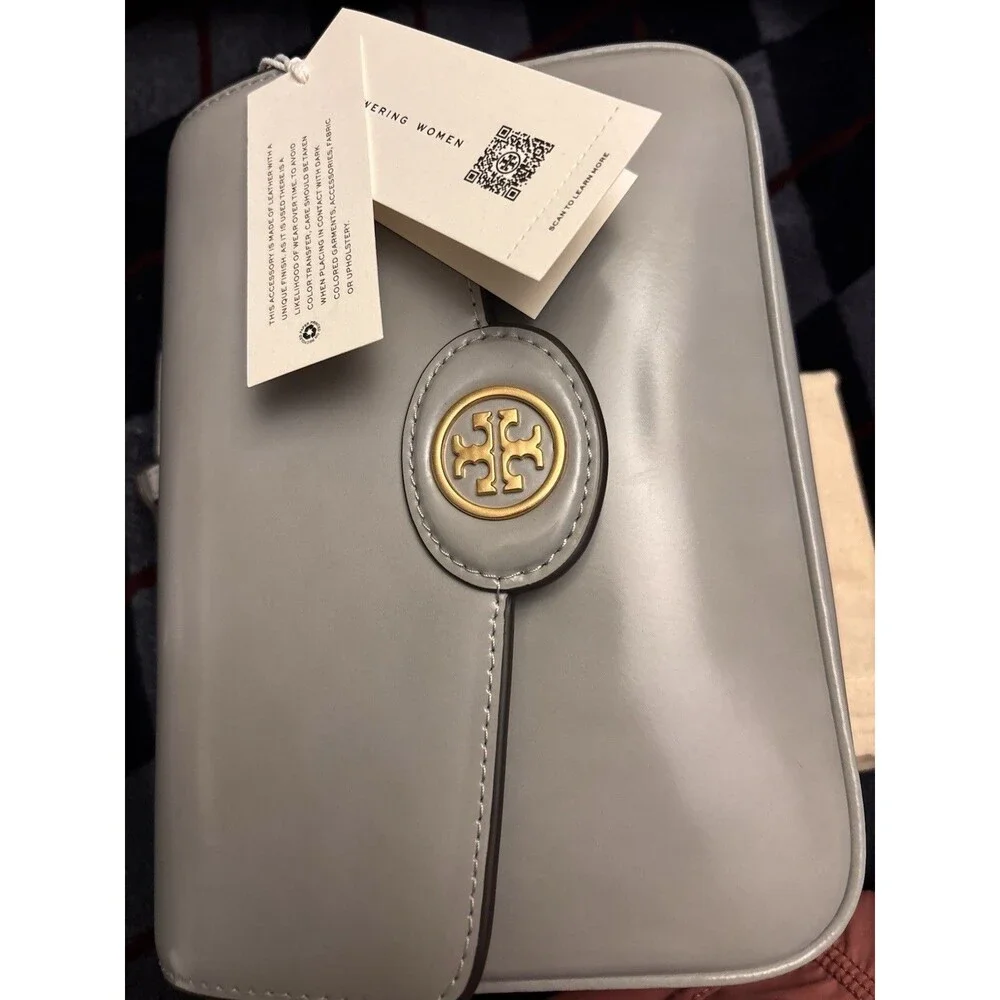 Tory Burch Women’s Robinson Spazzolato Leather Shoulder Bag Light Granite New